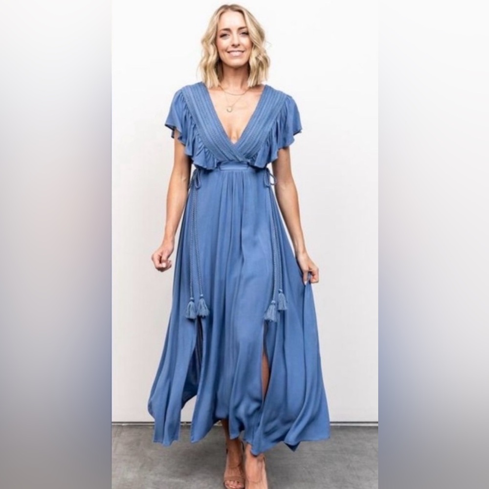 Baltic Born Dusty Blue Midi Dress with Ruffle Sleeves